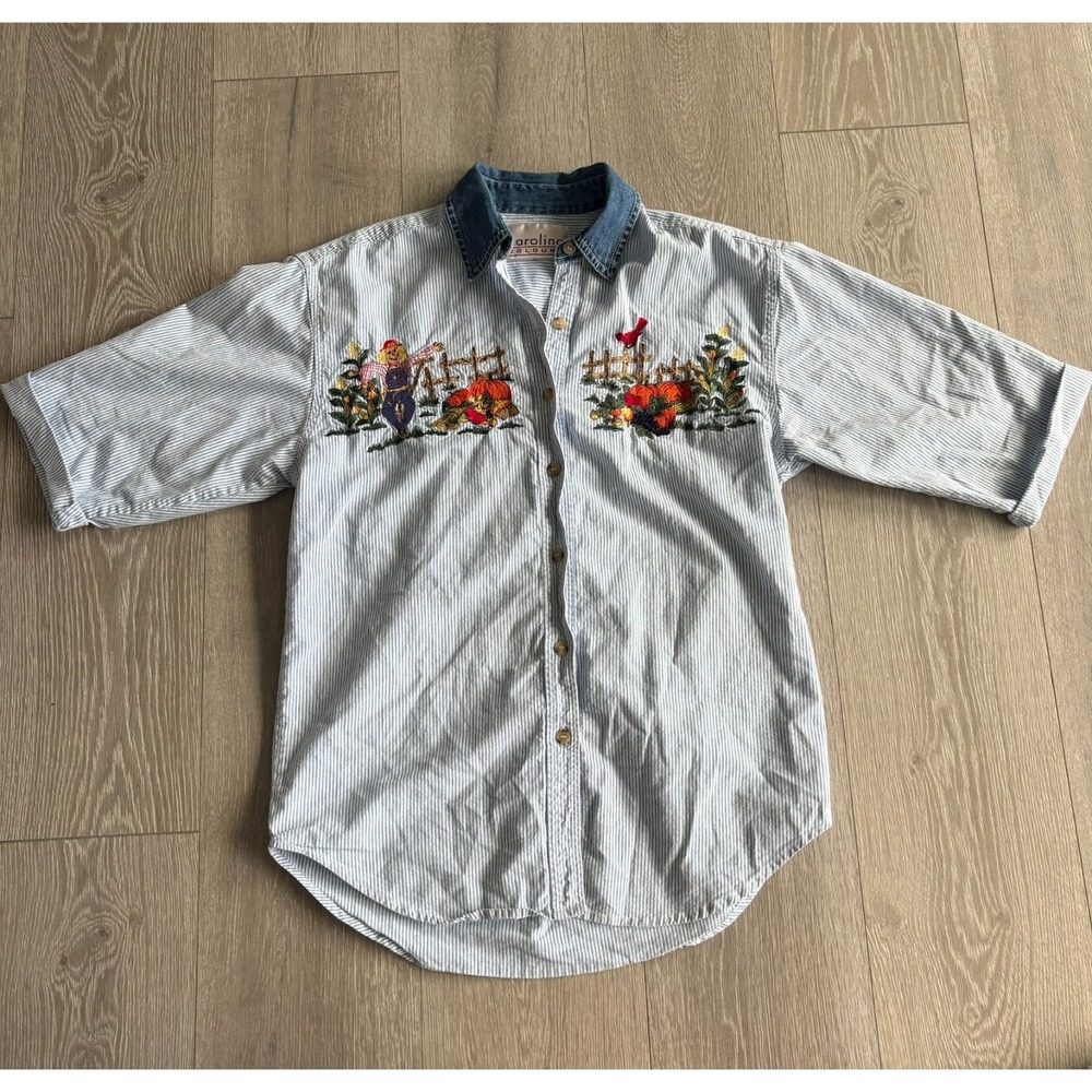 Vintage Carolina Colours Womens Blue Striped Embroidered Denim Shirt Large